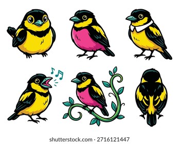 A set of six charming, hand-drawn illustrations of small birds, each with unique poses and expressions, featuring bright yellow and black plumage with pink accents.