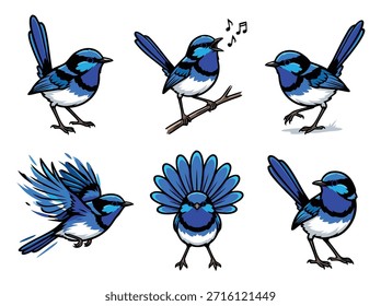 Um conjunto de seis ilustrações encantadoras com pássaros azuis, cada um retratado em uma postura única, incluindo canto, voo e pé.