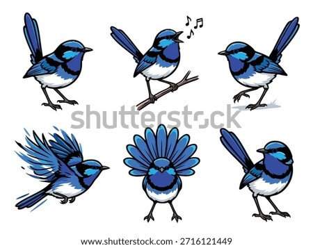 A set of six charming illustrations featuring blue birds, each depicted in a unique stance, including singing, flying, and standing.