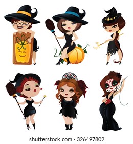 Set of six charming witches. Witches isolated on white background. Beautiful witches for Halloween in cartoon style. Vector illustration.