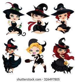 Set of six charming witches. Witches isolated on white background. Beautiful witches for Halloween in cartoon style. Vector illustration.