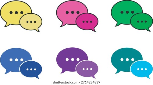 Un conjunto de seis iconos de burbujas de discurso de chat en blanco y negro con varias configuraciones y expresiones
