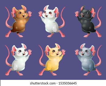The set six cheerful of brown, white, gray, yellow and blach with pink mice stand on hind legs. Colorful rat, vector cartoon illustration 3d style isolated on white background