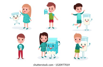 Set With Six Children And Big Cartoon Characters Of Milk Cartons And Glasses Funny Vector Illustrations