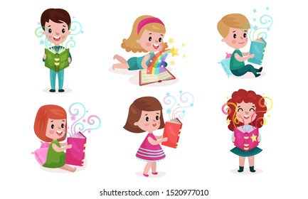 Conjunto Con Seis Niños En Diferentes Posiciones Leyendo Libros Con Ilustraciones De Vectores De Cuerdas De Hadas