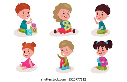Set With Six Children Playing With Big Alphabet Letters Vector Illustrations Cartoons Characters