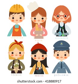 set of six childrens with different professions. cute little girls baker, scientist, doctor, artist, florist. Little boys engineer and policeman