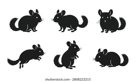 A set of six Chinchilla in various poses silhouette vector illustration on a white background