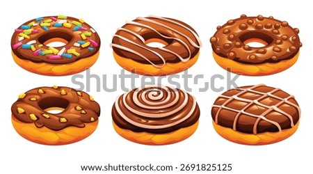 Set of six chocolate donuts with various toppings like sprinkles, peanuts, and glaze, isolated on a white background. Vector cartoon illustration