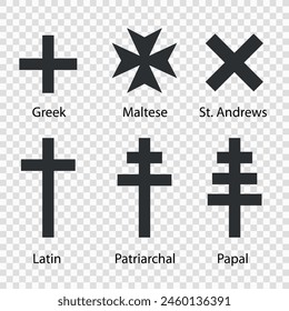 Un conjunto de seis variantes cruzadas cristianas, cada una renderizada en negro sobre un fondo transparente a cuadros.