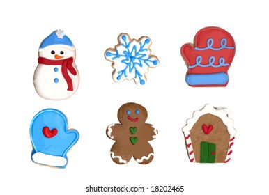 A set of six Christmas cookies : gingerbread man, gingerbread house, snowflake, snowman, two gloves. VECTOR.