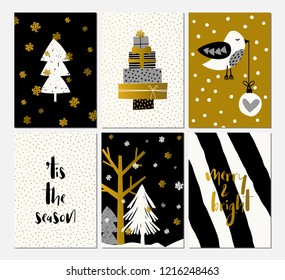 A set of six Christmas designs in black, white and gold. Cute and modern greeting cards, wall art, packaging design.