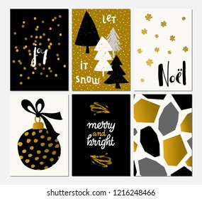 A set of six Christmas designs in black, white and gold. Cute and modern greeting cards, wall art, packaging design.