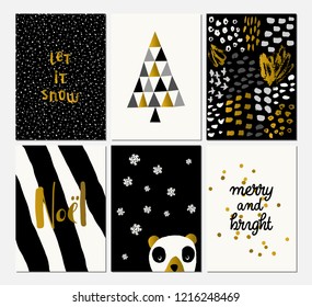 A set of six Christmas designs in black, white and gold. Cute and modern greeting cards, wall art, packaging design.