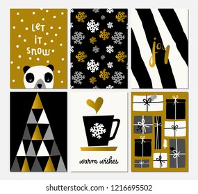 A set of six Christmas designs in black, white and gold. Cute and modern greeting cards, wall art, packaging design.