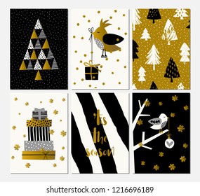 A set of six Christmas designs in black, white and gold. Cute and modern greeting cards, wall art, packaging design.