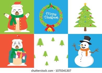 A set of six christmas element consist of cute polar bear and snowman character, decorative wreath, and christmas tree