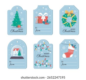Set of six Christmas gift tags featuring festive icons like tree, wreath, stocking, house, and lights on a light blue background. Concept of holiday greetings. Vector illustration