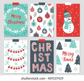 Set of six Christmas greeting cards with wreath, branch, Christmas ball, snowman, snowflakes, garland, hand drawn letters, forest. Perfect for winter invitations, New Year greeting cards, decorations