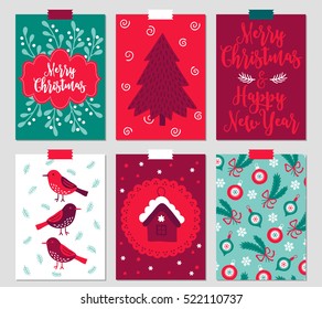Set of six Christmas greeting cards with mistletoe, fir tree, birds, house, ball, bauble, branches. Perfect for winter invitations, New Year greeting cards, decorations