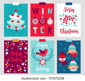 Set of six Christmas greeting cards with fir tree, balls, baubles, berry, stars, confetti, bird, branch, snowflakes and children faces. Perfect for winter holidays