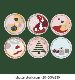 set of six christmas highlights icons for social media design, round icon with winter clothes, christmas trees with toys, boho snowmen on dark green background