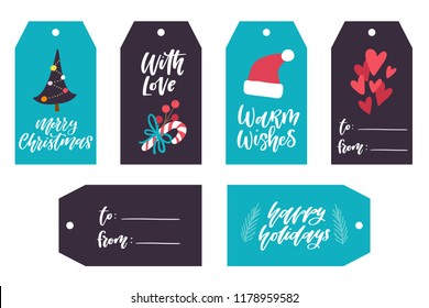 Set of six Christmas holiday gift tags. Vector illustration 