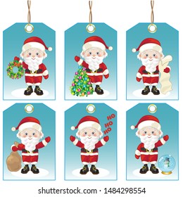 Set of six Christmas labels with small Santa Claus to decorate the fir or gift packages