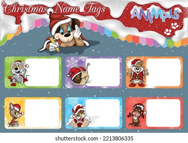 Set of Six Christmas Name Tags with Cute Animals in Santa Claus Costume - Colorful Cartoon Illustrations, Vector