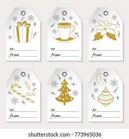 A set of six Christmas or New Year gift tags with holiday icons and winter symbols. Golden elements isolated on white background. Used for your design, scrapbook, wrapping, sale. Vector illustration.
