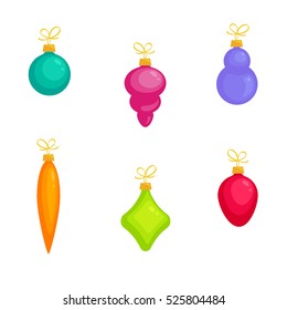 Set of six Christmas ornaments of different shapes and colors. Vector illustration 