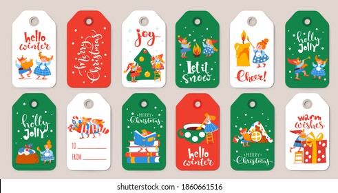 Set of six Christmas sale red and green tags with cute elfs with lettering. Vector Merry Christmas winter labels or card with cute elfs celebrating holidays. Vector tags with cartoon elfs