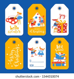 Set of six Christmas sale tags with cute elfs and lettering. Vector Merry Christmas winter labels or card with cute elfs celebrating holidays. Vector tags with cartoon elfs doing winter activities