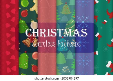 Set with the Six Christmas seamless patterns of different color. Santa's boots, snowflakes, Christmas trees, Christmas decoration and toys etc. Patterns for print and web usage.