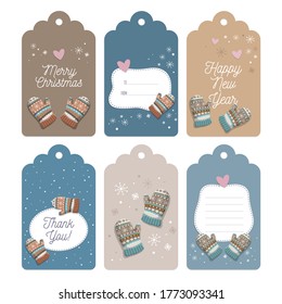 Set of six Christmas tags collection with mittens and snowflakes. Template for New Year greeting, winter holiday labels, decorations.