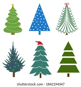 A set of six Christmas trees drawn in a different style. Vector illustration is perfect for web design, greeting cards, invitations and more.