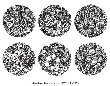Set of six circle bouquets with beautiful vector flowers and plants. Hand drawn vector illustration in sketch doodle style.