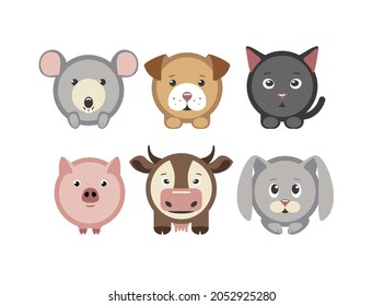 Conjunto de seis animales vectoriales de círculo sobre fondo blanco