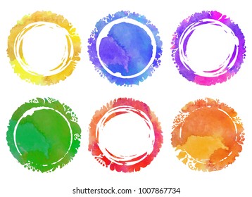 Set of six circle watercolor backgrounds with flowers and plants elements. Hand drawn vector frames and templates