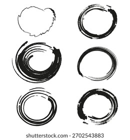Set six circles. Black grunge ring. Round brush Vector stroke. Abstract enso symbol.