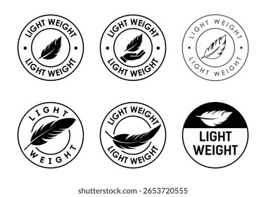 Set of six circular badges and emblems featuring a feather and the text light weight