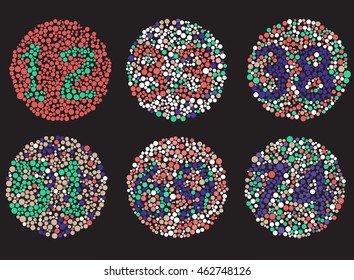 A set of six circular dot patterns, resembling Ishihara test plates, displays various numbers in vibrant, non-standard color combinations for visual perception.