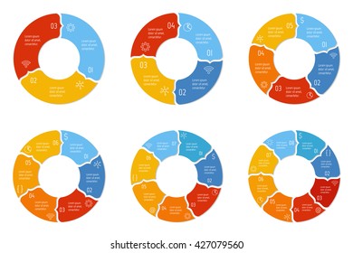 Set of six circular infographic diagrams with 3, 4, 5, 6, 7, 8 options. Isolated paper sequence banners for tutorial. EPS10 progress steps templates.