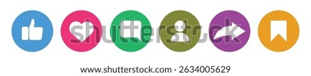 Set of six circular social media icons including like, love, comment, profile, share, and save in solid color backgrounds for mobile UI, website interface, app design, and digital communication tool