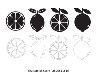 A set of six citrus fruit icons: three solid black and 