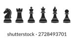 A set of six classic chess pieces rendered as solid black silhouettes. These icons represent the knight, rook, king, queen, bishop, and pawn in a clean flat design style. Perfect for use in business strategy presentations, educational materials about board games, or graphic design projects focusing on competition and intelligence.