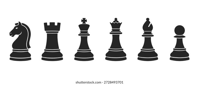 Ein Satz von sechs klassischen Schachfiguren, die als solide schwarze Silhouetten dargestellt sind. Diese Symbole stellen den Ritter, den Turm, den König, die Königin, den Bischof und die Pfand in einem sauberen flachen Design-Stil dar. Perfekt für Präsentationen zu Geschäftsstrategien, Lehrmaterial zu Brettspielen oder Grafikdesign-Projekte, die sich auf Wettbewerb und Intelligenz konzentrieren.