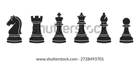 A set of six classic chess pieces rendered as solid black silhouettes. These icons represent the knight, rook, king, queen, bishop, and pawn in a clean flat design style. Perfect for use in business strategy presentations, educational materials about board games, or graphic design projects focusing on competition and intelligence.