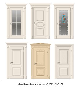 Set of six classic vintage doors in Victorian and Baroque style with stained glass, ornaments. Color doors in a light beige wood.