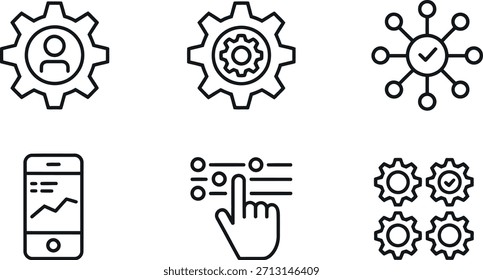 Conjunto de seis iconos de línea limpios y modernos que representan los conceptos de negocio, tecnología y gestión de datos.